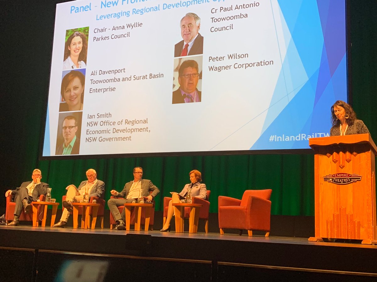 AustLogistics's tweet photo. The final panel for day one of #InlandRailTWB is looking at regional development opportunities associated with @inland_rail. Anna Wylie from @Parkes_Council outlines the experience in a community where construction is underway. @AustLogistics @AustRail https://t.co/44RdWghwYm