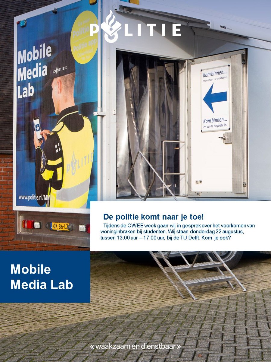 POL_Delft's tweet photo. Morgen komt het Mobile Media Lab naar Delft toe om de nieuwe studenten voor te lichten over het voorkomen van woninginbraken. Kom je ook een kijkje nemen? Hij staat bij de TU Delft tussen 13:00 en 17:00 uur! ^ch

#DH247 #politie #Delft #MobileMediaLab #woninginbraken https://t.co/ukPGCj8mv9