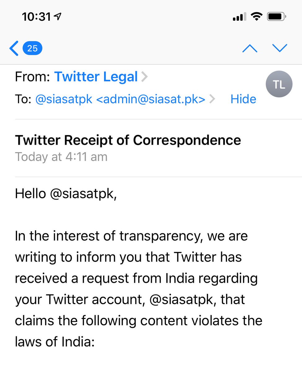siasatpk's tweet photo. Indian Government has just requested Twitter to Ban @siasatpk. Twitter has provided us the tweets which were made the reason for the request. Basically, if you are saying ANYTHING in favor of Kashmir, you are a danger to India! https://t.co/72vkFke6ZB