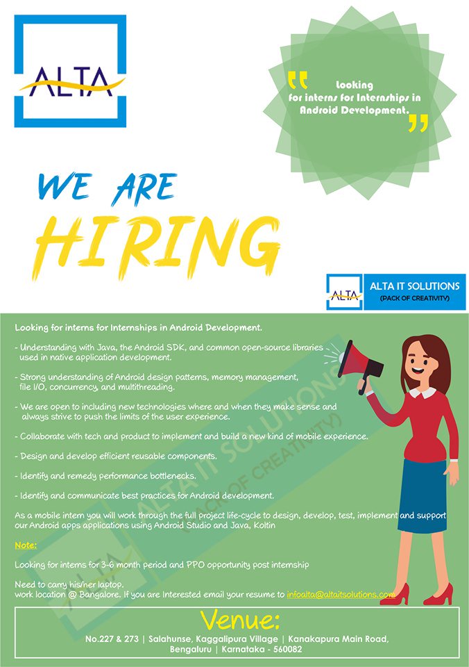 ALTAIT2's tweet photo. Job openings in Bangalore...
Intern Android Developer, Sales Manager, Front office Receptionist jobs are waiting for you.
To apply send your resume to 
infoalta@altaisolutions.com

#JobOpening #salesmanagement #HiringNow #jobhunting #Jobs https://t.co/YG3JO4748R