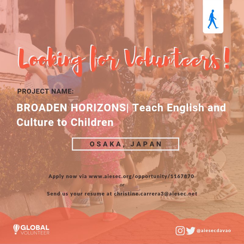 AIESECDavao's tweet photo. Be a Kindergarten Teacher in Osaka, Japan 🇯🇵 

• Must be highly interested in Education or Language Teaching
• Accommodation covered
• Food provided: 1 meal/day

Link: https://t.co/k6Y86NB5l1

Send us a message to know more.
Apply now!

#TheWorldAwaits #LiveTheExperience https://t.co/dRMCqQ0WZW