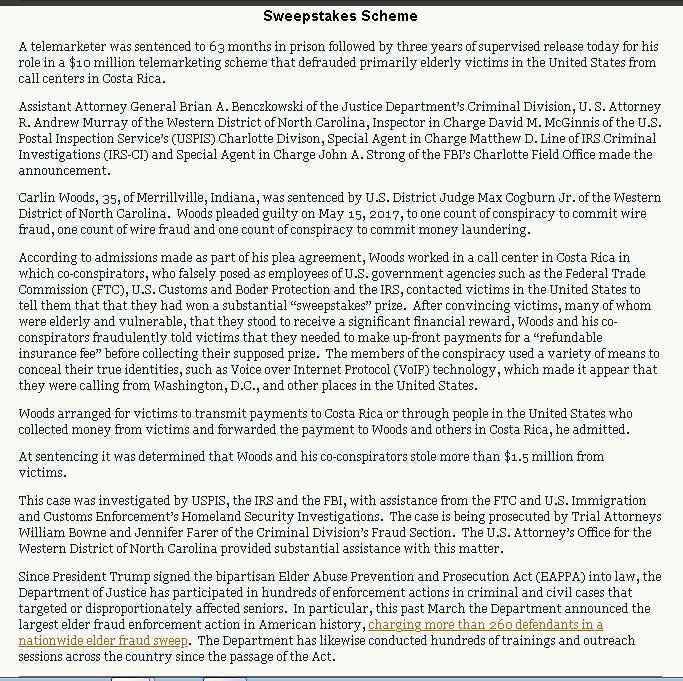 AnonCassi's tweet photo. #Justice Telemarketer Sentenced In Connection With $10M Int'l Sweepstakes Scheme
🔥63 MONTHS in PRISON
⚖️Carlin Woods, Merrillville, IN
#CostaRica
#Benczkowski WDNC #Murray
#USPIS #McGinnis #IRS-CI
@POTUS
Elder Abuse Prevention & Prosecution Act #EAPPA
https://t.co/djBt8MglSS https://t.co/blELaaWQvL