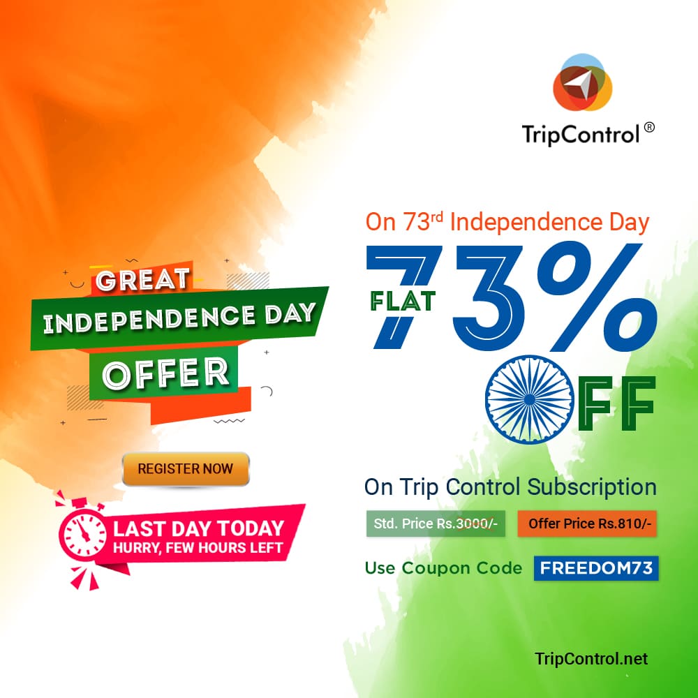 Great Independence Day Offer is going to end soon!

Last day today. Hurry few hours left.

Register now: bit.ly/2Uw3bj2

#TripControl #IndependenceDayOffer #DiscountedPrice #TravelSoftware #TravelCRM #TravelAgents #Travel #ToursAndTravels