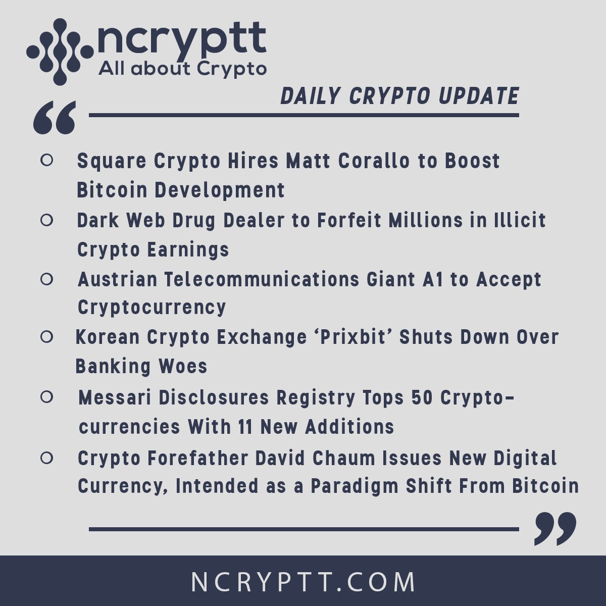 ncryptt's tweet photo. #dailycryptoupdate #cryptonews #ncryptt #squarehires #matcorallo #boost #btcdevelopment #darkweb #drugdealer #forfiets #cryptoearning #austria #telecom #gaint #a1 #acceptcrypto #koreanexchange #prixbit #shuts #messari #cryptoforefather #davidchaum #issues #newdigitalcurrency https://t.co/IciCPvqvoi