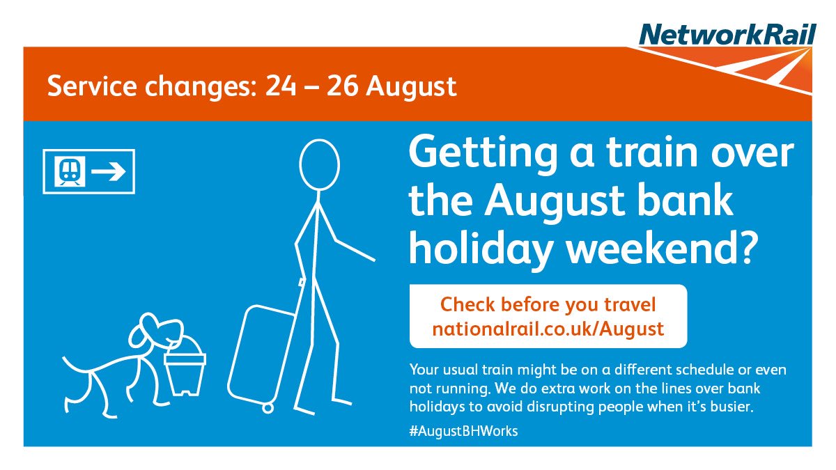 NetworkRailEUS's tweet photo. ❗️Plan ahead this Bank Holiday weekend (24-26 August)
Trains over the #AugustBH weekend will be very busy, and journeys may take longer due to our engineering work ⚒🛠
Please allow extra time to make your journey and check before you travel @nationalrailenq 📲 https://t.co/WxEDFZMBXm