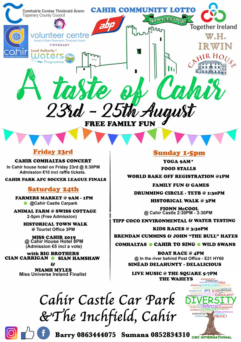 CahirNews's tweet photo. A Taste of #Cahir - A local celebration of diversity and multi-culturalism. See attached flyer and for more go to:
https://t.co/LAPzV8YQRN https://t.co/LKXHKFdLMa