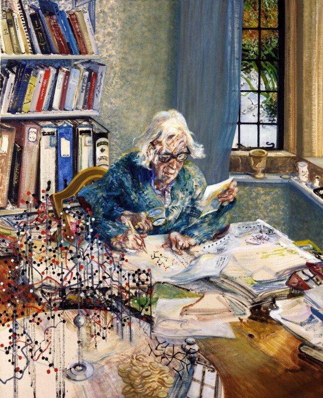womensart1's tweet photo. Portrait of the first British woman to win the Nobel Prize for Chemistry, Dorothy Hodgkin, 1985 by artist Maggi Hambling, showing the subject immersed in her work, a structural model of insulin  stands in the foreground #womensart #WomenInSTEM https://t.co/ImYu4Nnsij