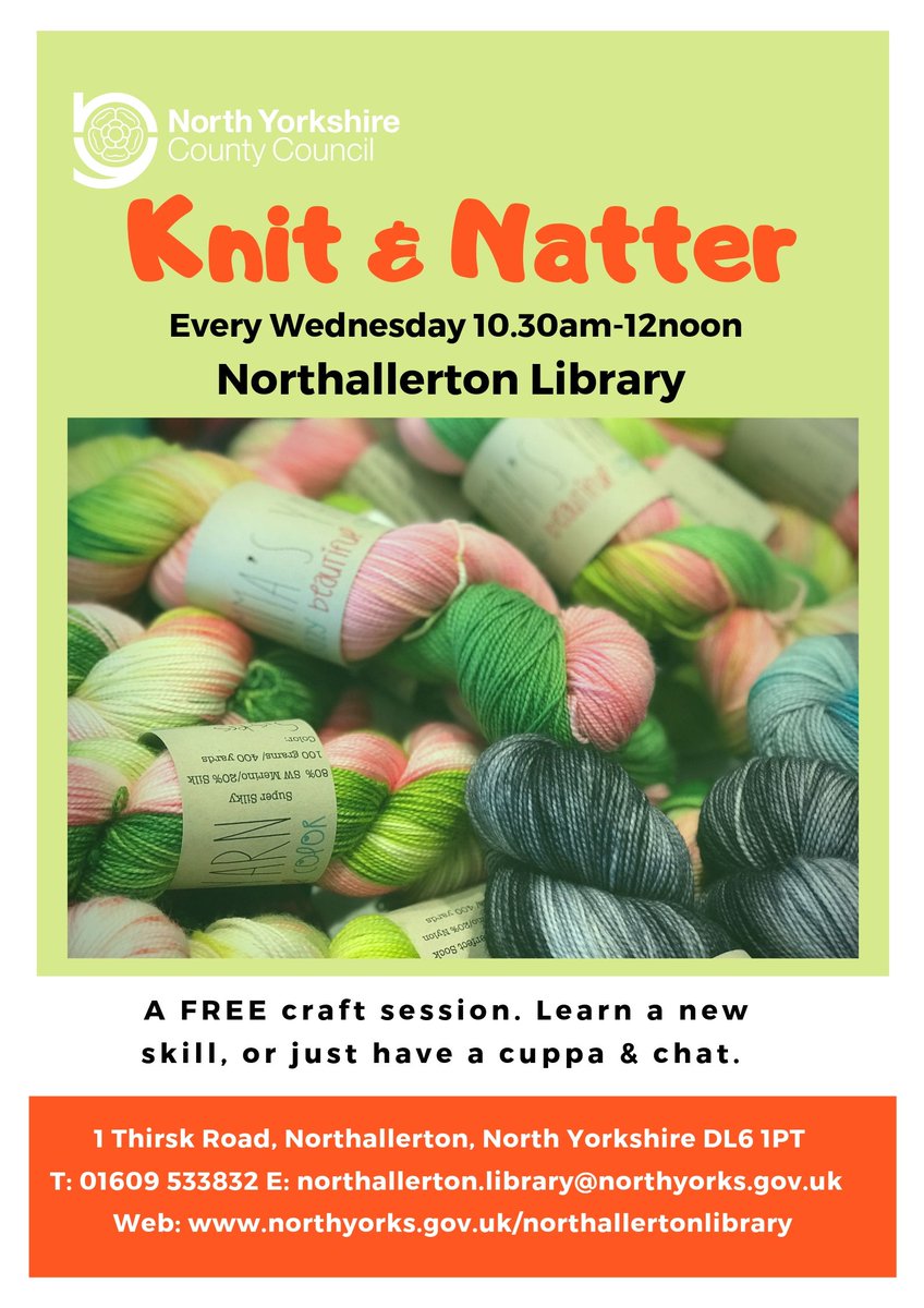 nylibraries's tweet photo. Knit &amp; Natter, every Wednesday 10.30am-12noon, at #Northallerton library. Join a fun morning of #crafts. Learn a new skill, or just have a cuppa and chat. A free weekly session. All welcome. #notjustbooks #knitting #lovelibraries #community  @HambletonLC https://t.co/4NdrlbCpB0