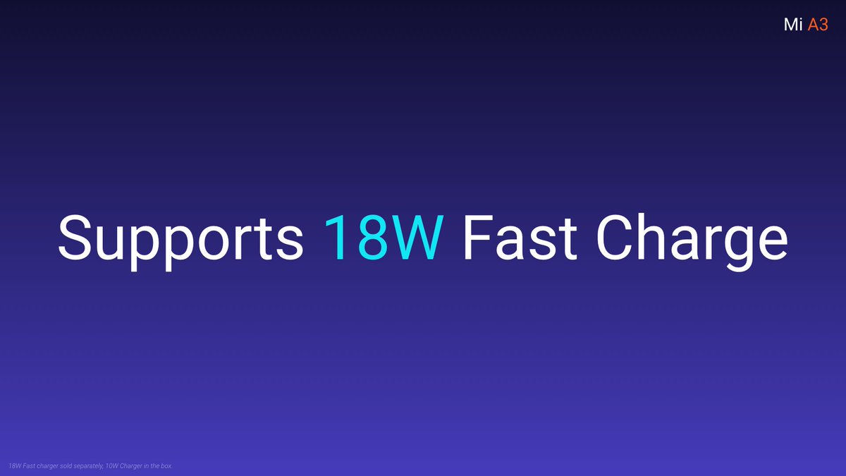XiaomiIndia's tweet photo. Get charged at super speed! Enjoy the amazingly safe and incredibly fast charge support of 18W fast charge on #MiA3! 

Combined with big 4030mAh battery lasting for days, being out of charge will be yesterday's thing!

RT &amp; stand a chance to win 18W charger. We are giving away 3! https://t.co/5Tlo5kPRcz