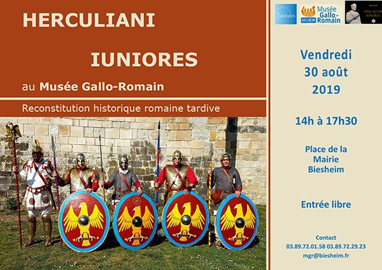 Il y a 1650 ans, l'empereur Valentinien était en tournée d’inspection sur la frontière rhénane.... Sa garde, la vaillante unité des Herculiani Iuniores,  présentera l’armement des légionnaires romains du IVe s. au <a href="/mgr_biesheim/">Musée gallo-romain</a>