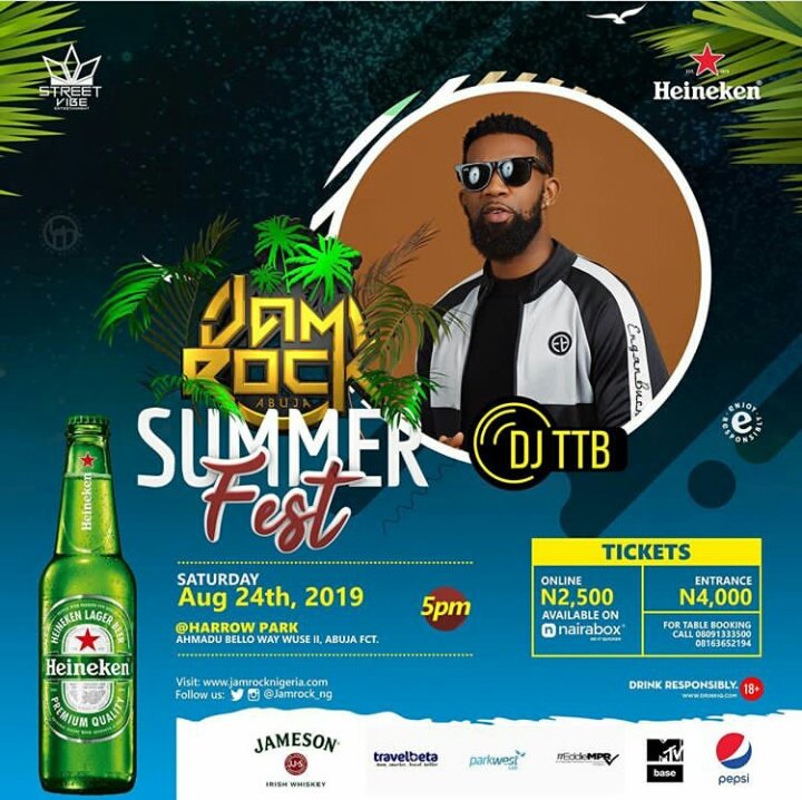 AbujaKulture's tweet photo. #AbujaTwitterCommunity 🌴JAMROCK SUMMER FEST 🌴 is here again!!!
Date: 24th August, 2019
Venue: Harrow Park, Wuse II Abuja
Time: 5pm
Tickets: @nairabox
#JamRockFest
Brought to you by @jamrock_ng @Heineken_NG @Eddie_MPR @Pepsi_Naija @MTVBaseWest @JamesonNGR @Travelbeta @AliGrema https://t.co/fGNQyxnzNz