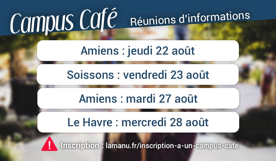 Voici les dernières dates pour participer à un #CampusCafé ☕ et découvrir nos formations sur les métiers du #numerique à #Amiens #LeHavre #Soissons #Noyon ! 😀

📌Inscrivez-vous : lamanu.fr/inscription-a-…