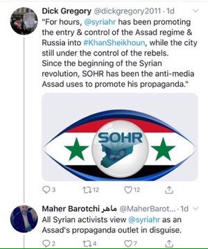 The #Syria Observatory for Human Rights (SOHR) is known for its hardcore anti Assad position. These two clowns are so butt hurt over #KhanSheikhoun that they are calling SOHR an Assad propaganda outlet simply because it announced the fall of KS before the terrorists admitted it.