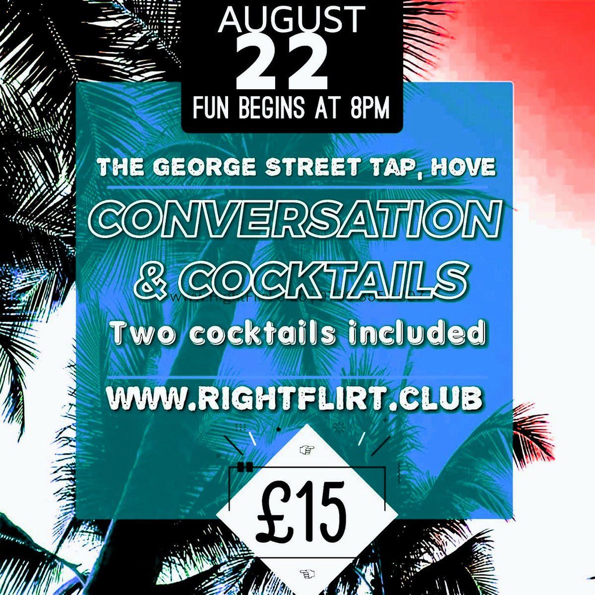 Give up #swiping for one night (22 August) as #flirting is more #fun with #cocktails.
#Sussex #Singles event, which includes a pair of #cocktails in £15 #ticket price, at George Street Tap #Hove for #Conversation &amp; #Cocktails.
Info &amp; tickets at #Brighton's RightFlirt.club