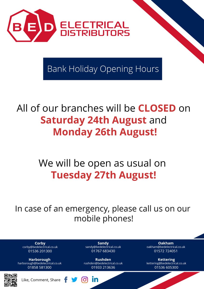 JUST TO LET YOU KNOW... All of our branches will be CLOSED on Saturday 24th and Monday 26th due to August bank holiday! We will be open as usual on Tuesday 27th August! We hope you all enjoy your bank holiday weekend!!!