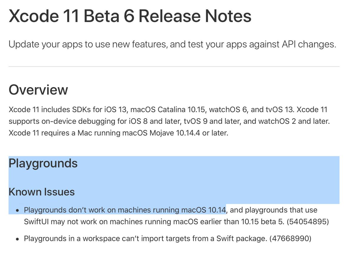 lukaskubanek's tweet image. Well, the fact that playgrounds are not working in Xcode 11 beta 6 on Mojave is a big deal! Went through the unzipping just to learn that it’s unusable for me. #xcode #xcode11