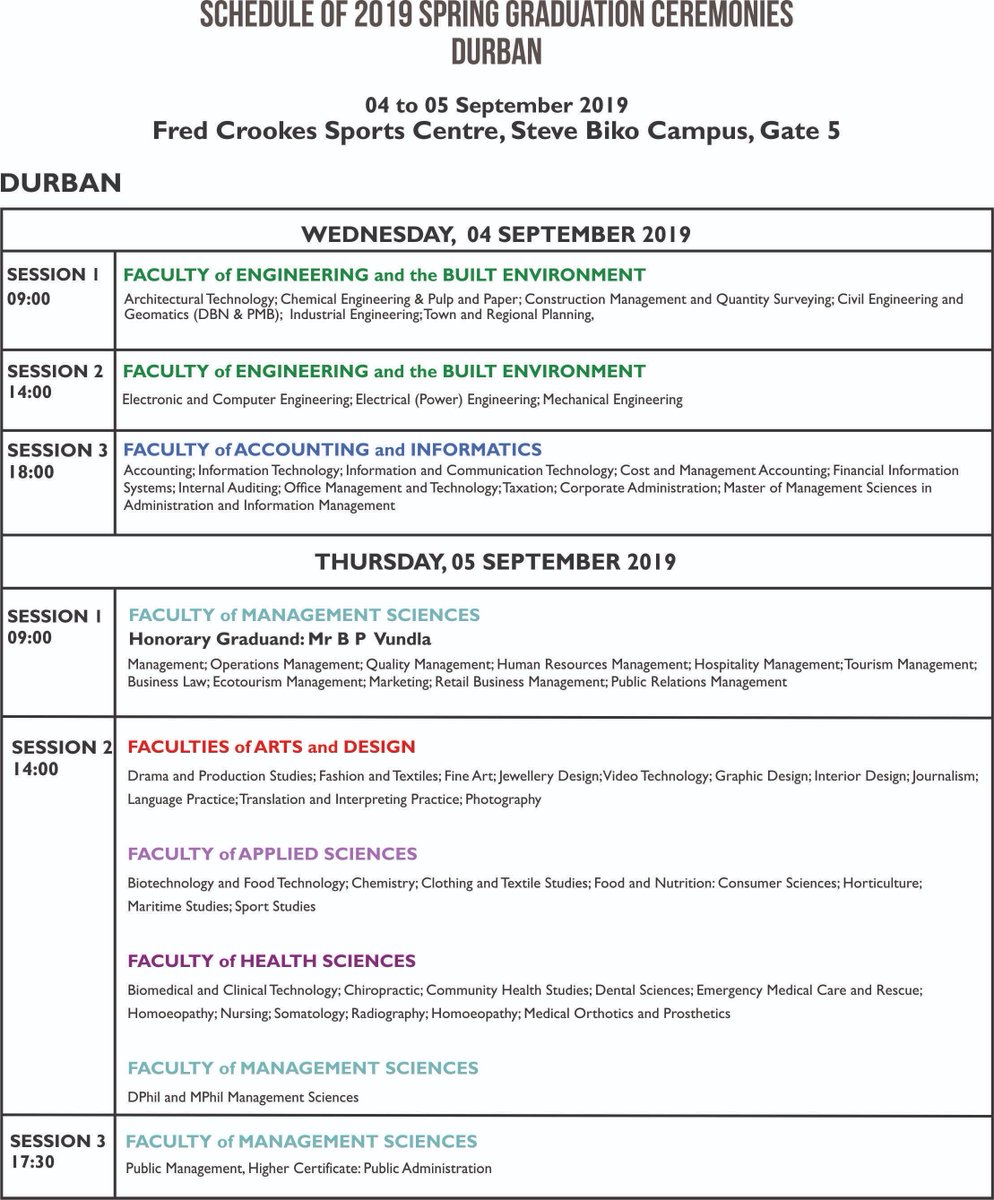 DUT_Tweets's tweet image. The 2019 Spring Graduation Schedule is out. Congratulations to all students who will be graduating on the 4th &amp;amp;5th September. #DUTSpringgrad2019 @RadioDUT