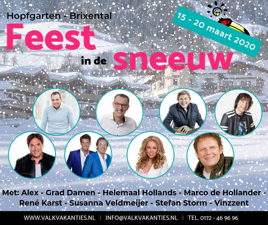 Hoe gezellig is deze reis!!!! Mooi hotel We gaan naar Oostenrijk in maart ga jij mee? <a href="/gradjedamen/">grad damen</a> <a href="/MarcodHollander/">Marco de Hollander</a> <a href="/renekarst/">R E N E K A R S T</a> <a href="/VinzzentNL/">Vinzzent</a> <a href="/ZangeresSusanna/">Susanna Veldmeijer</a> <a href="/ZangerAlex/">ZangerAlex</a> en <a href="/Stefanstorm66/">Stefan Storm</a> gaan ook om de hut op zn kop te zetten 
Klik op link: valkvakanties.nl/reizen/artiest…