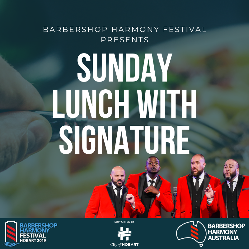 BarbershopAus's tweet photo. Have you purchased your tickets to the Sunday lunch yet? We have something special for you this year - a Q&amp;A with Signature Quartet hosted by BHA's Trevor Bruger.

Get your tickets now - spaces are limited!

https://t.co/TOVrwDVrHy

#BarbershopHarmonyFestival #SignatureLunch https://t.co/KSHMZgfjl2