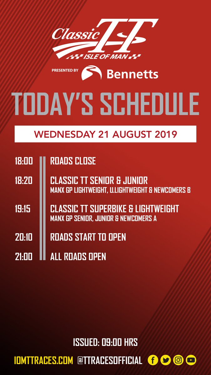Today's Provisional Classic TT Schedule - Issued at 09:00.

Given the changeable weather conditions forecasted, a confirmation of today's schedule will be issued at 15:00.

#LoveTT