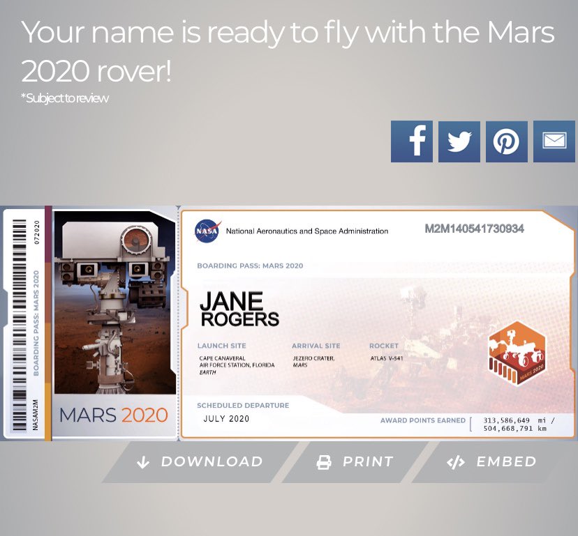 JaneyR77's tweet photo. Got my tickets to Mars @NASA #Mars2020 https://t.co/w6iLpmhTV2