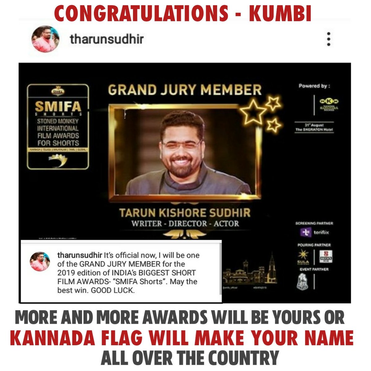 Darshanfans171's tweet image. CONGRATULATIONS - KUMBI 
FROM JAGGU FANS 🎉
#Tharun #Sudhir #Dboss 
#ChallengingStarDarshan

@TharunSudhir  @dasadarshan @Dcompany171 
@tv9kannada @sharadasrinidhi @cineloka @namtalkies @NamCinema @umap30071 @PrajwalDevaraj @StylishstarPrem @yogarajofficial @FilmibeatKa