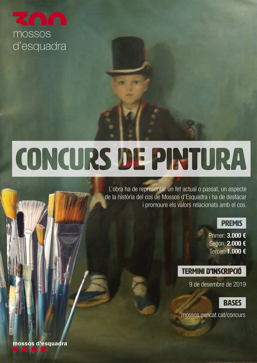 gencat's tweet photo. 🖌 T'agrada la pintura? Els @mossos celebren els 300 anys d'història amb un #concurs. Plasma en una imatge un fet o aspecte de la seva història que promogui els valors del cos i guanya un premi. Tota la info 👉 https://t.co/pfHF5NjS5g
#Mossos300 #Tricentenari https://t.co/RIwTudoDAT