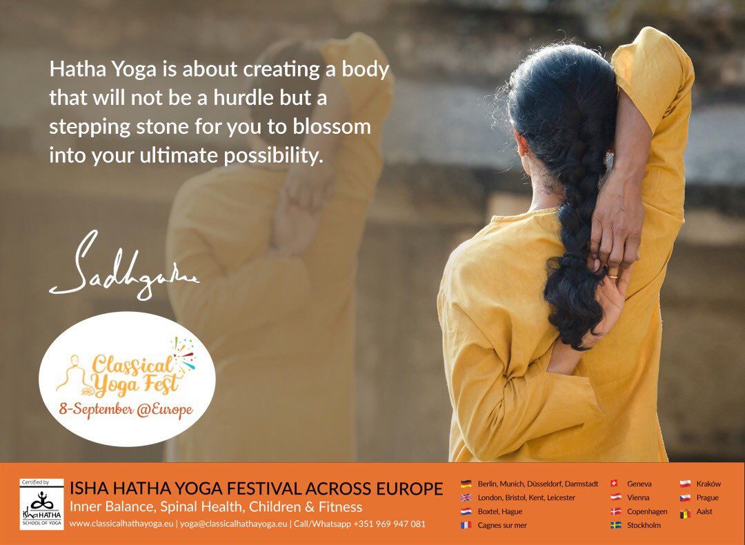 hathayogaeur's tweet photo. Hatha Yoga is about creating a body that will not be a hurdle but a stepping stone for you to blossom into your ultimate possibility. 

🎉8-September, Isha Hatha Yoga Fest Europe >>> https://t.co/Xg6vKxGRFi 

🇬🇧 🇦🇹🇩🇪🇧🇪 🇨🇭 🇳🇱🇫🇷🇩🇰 🇸🇪 🇨🇿 🇵🇱 

#sadhguru #ishayogafest #yoga #europe https://t.co/EXxlM2hyDs