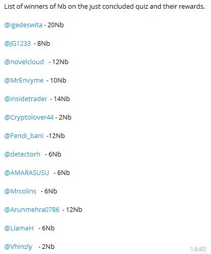 Our first round of quiz is over, congratulations to all winners! Pls join in our main group to participate the next quiz: t.me/NuclearBombTeam