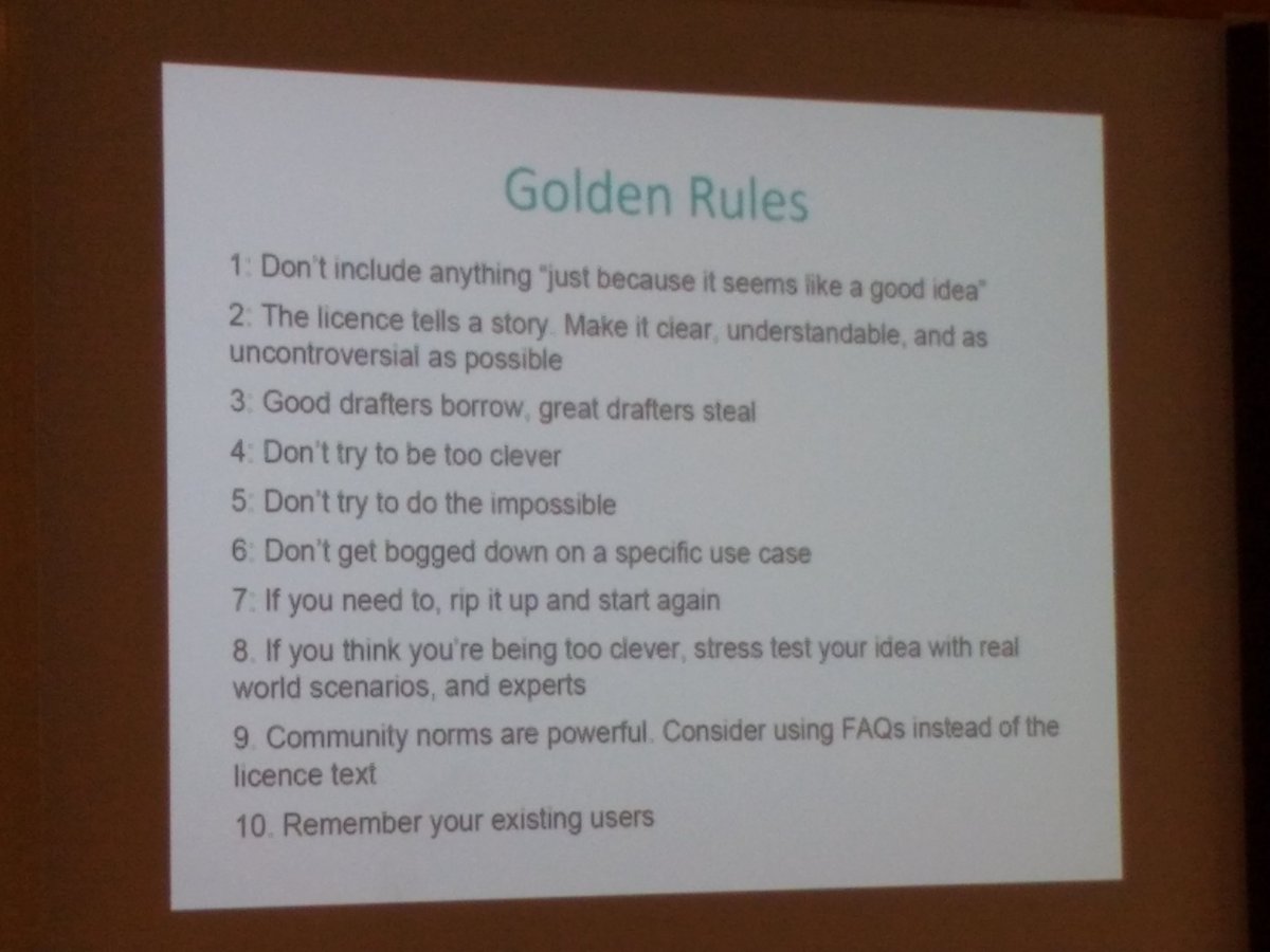 dirkriehle's tweet image. Andrew Katz&apos;s golden rules for (open hardware) license design from #opensym 2019