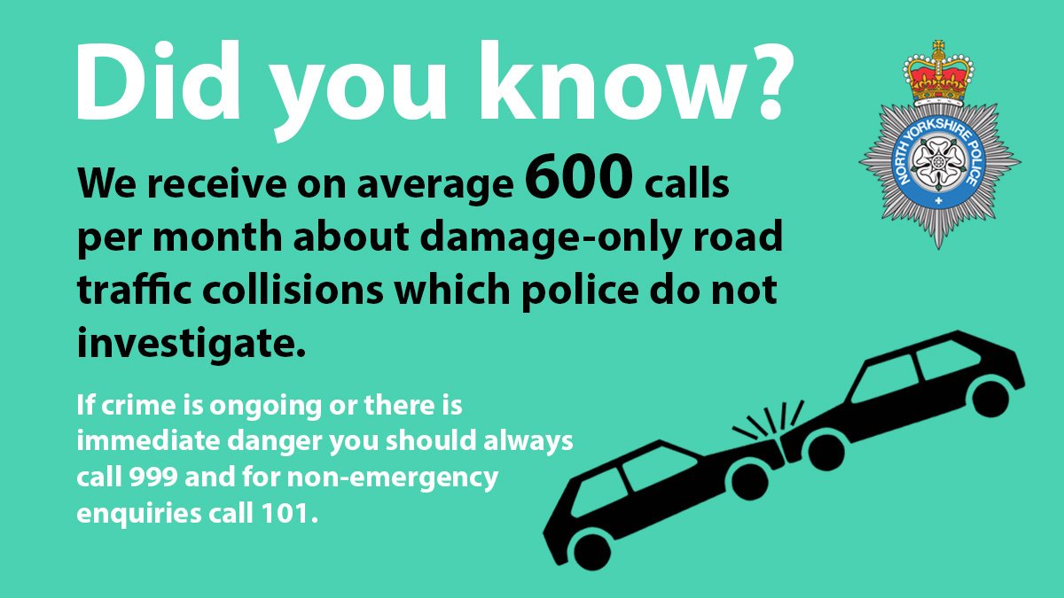 NYorksPolice's tweet photo. 1/2 Damage-only collisions don't need to be reported to the police unless: 📞someone has been injured 📞a driver has failed to stop 📞any drivers involved appear to be under the influence of drink or drugs 📞the road is blocked or obstructed... https://t.co/fLWvvDclxo