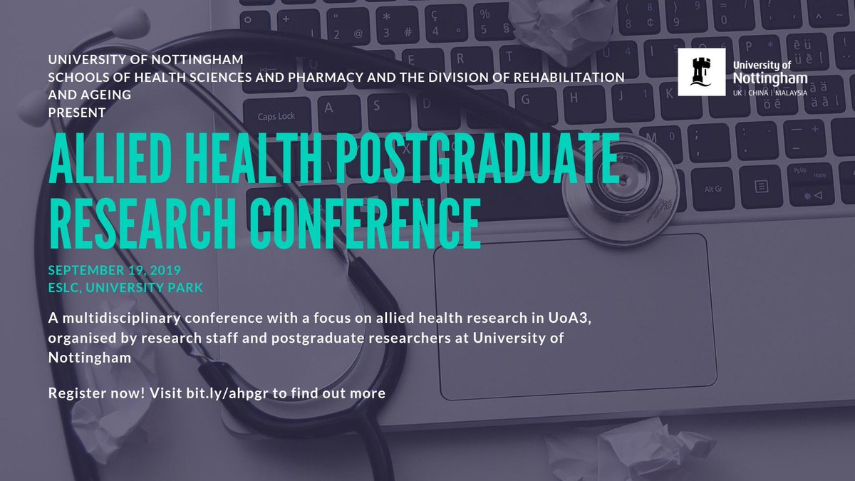 UoN_SHS's tweet photo. Calling all staff and students with an interest in allied health and applied #research.📣
Registration is open until 30 August for our Allied Health #Postgraduate Research Conference on 19 Sept. Details here >> https://t.co/YkfFpEMURu https://t.co/Uf3TDNbVwM