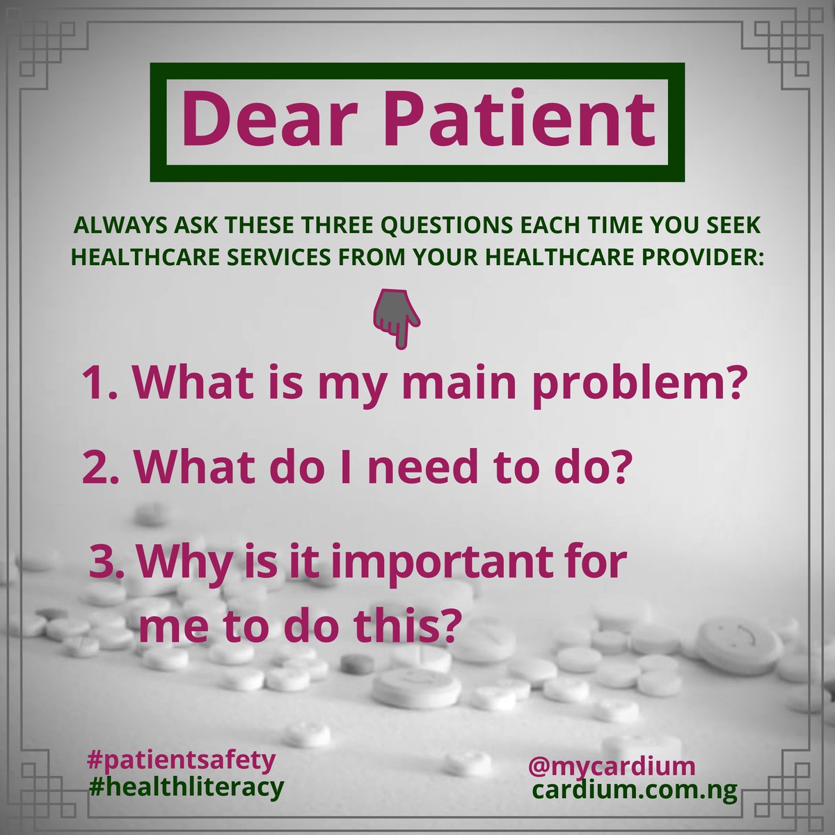 mycardium's tweet photo. #Dear patients, 
Always ask these three questions each time you talk to a doctor, nurse, or pharmacist in seeking healthcare service: 

1⃣ What is my main problem?
2⃣ What do I need to do?
3⃣ Why is it important for me to do this?
#AskMe3 #healthcare #Health #healthliteracy https://t.co/iDS6Vlw05c