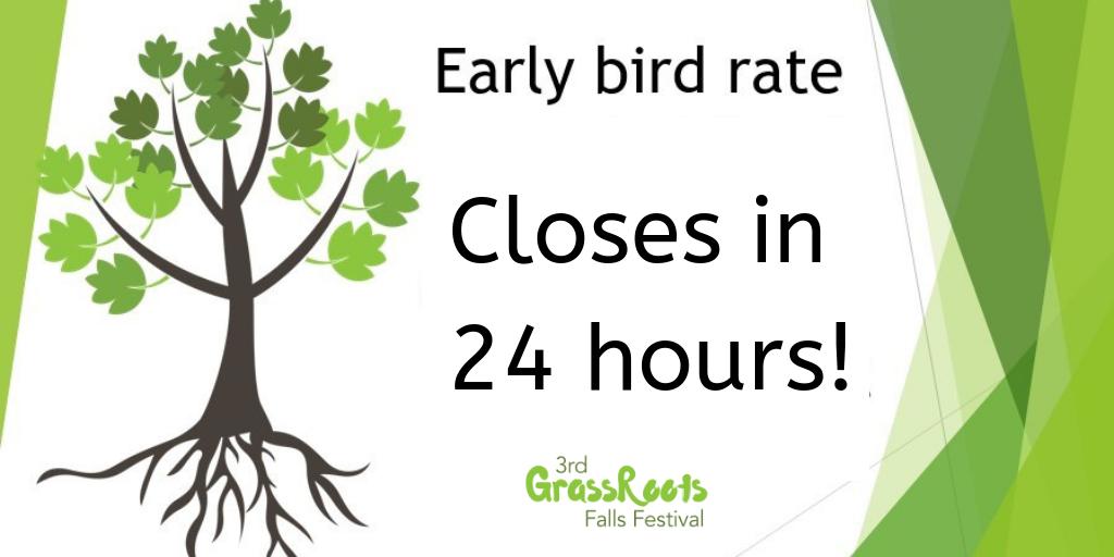 FallsGrassroots's tweet photo. 24 hours left to book at the early bird rate for the 3rd GrassRoots Falls Festival, being held in Fremantle on the 19th &amp; 20th September 2019.  Book Now! https://t.co/WMo5TVF0qw https://t.co/8k6LFTl0Wq
