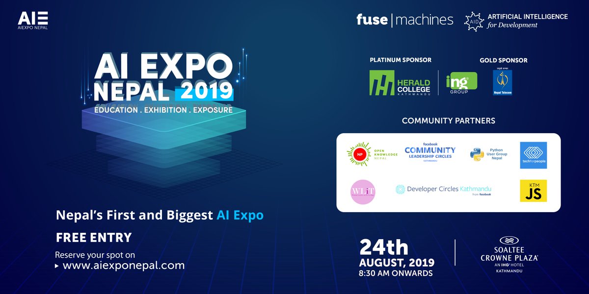 aiexponepal's tweet photo. We are excited to present our Community Partners for #AIExpoNepal2019! 😃

Sign up here for FREE registration: https://t.co/xeSLvivsTa

Date: August 24, 2019
Venue: Soaltee Crowne Plaza

#AIExpoNepal #ArtificialIntelligence #AI #EventsToAttend https://t.co/H4nKzP6zwS
