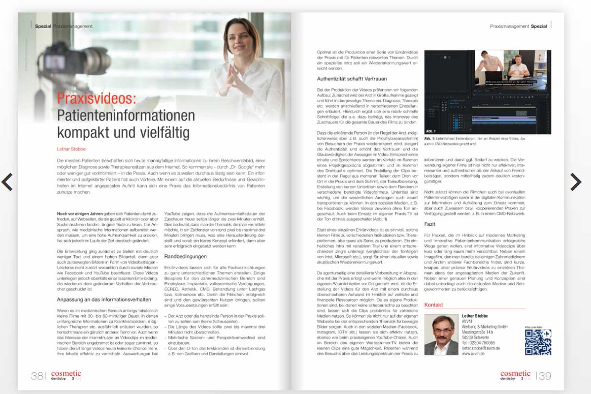 AVVM_Marketing's tweet photo. Soeben erschienen in der neuen cosmetic dentistry 3/2019 unser Artikel über Praxisvideos und wie man damit seine Patienten informieren kann.

Direkt am Bildschirm lesen:

https://t.co/ffZcBmpwPC https://t.co/aDAVkT4YKa
