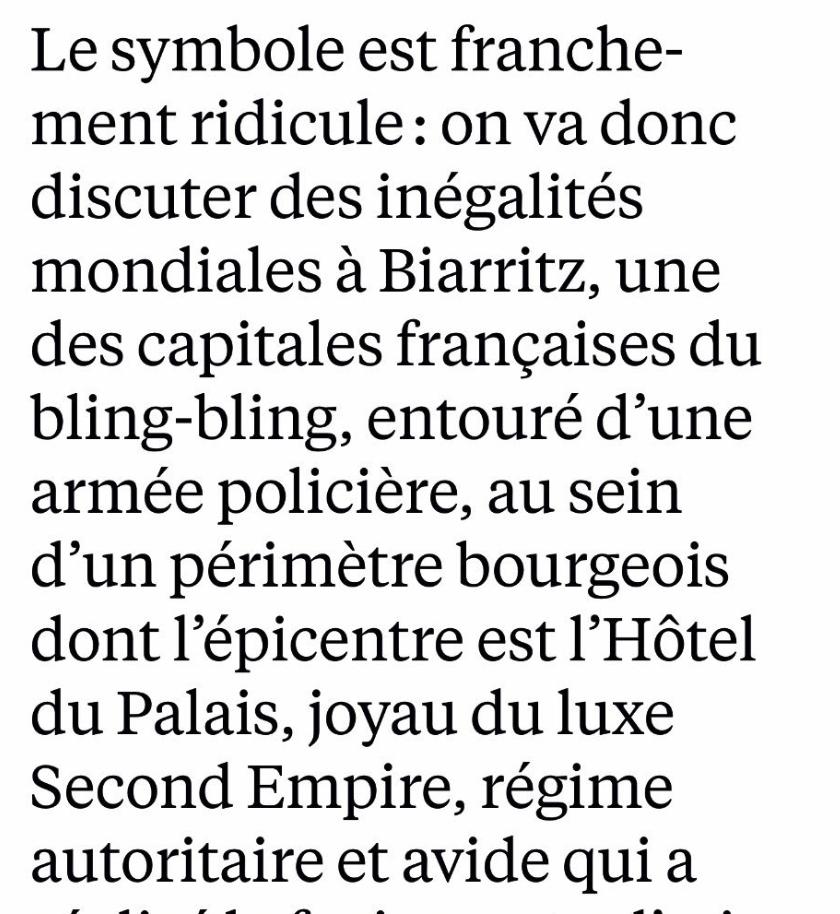 Daarjeeling's tweet photo. Pour les besoins de sa thèse #LaurentJoffrin fait de #Biarrritz une capitale Bling-Bling, comme #EdwyPlenel inventait des manifestants de Hong Kong anti-capitalistes parce que ça l'arrangeait.
Comment tordre la réalité quand elle refuse de se conformer à ses idées et idéologie.. https://t.co/1NLL90KsIl