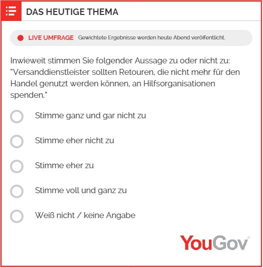 YouGov_DE's tweet image. Unsere aktuellen #Live-Umfragen laufen noch bis abends 20 Uhr. #Retoure #Rücksendung #Spenden #WhatsInTheBox #Weltraum #Raumfahrt #TagderSenioren #Senioren Jetzt mitmachen: bit.ly/2Z4rEmV