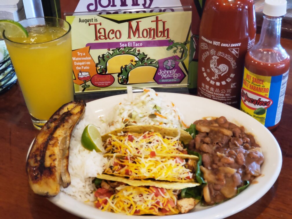 Zesty Chicken Tacos are the latest #tacomonth special and they’re mouthwateringly good. Lunch, dinner, patio. We #loveourmangoes so come on by and get yer fill! xo