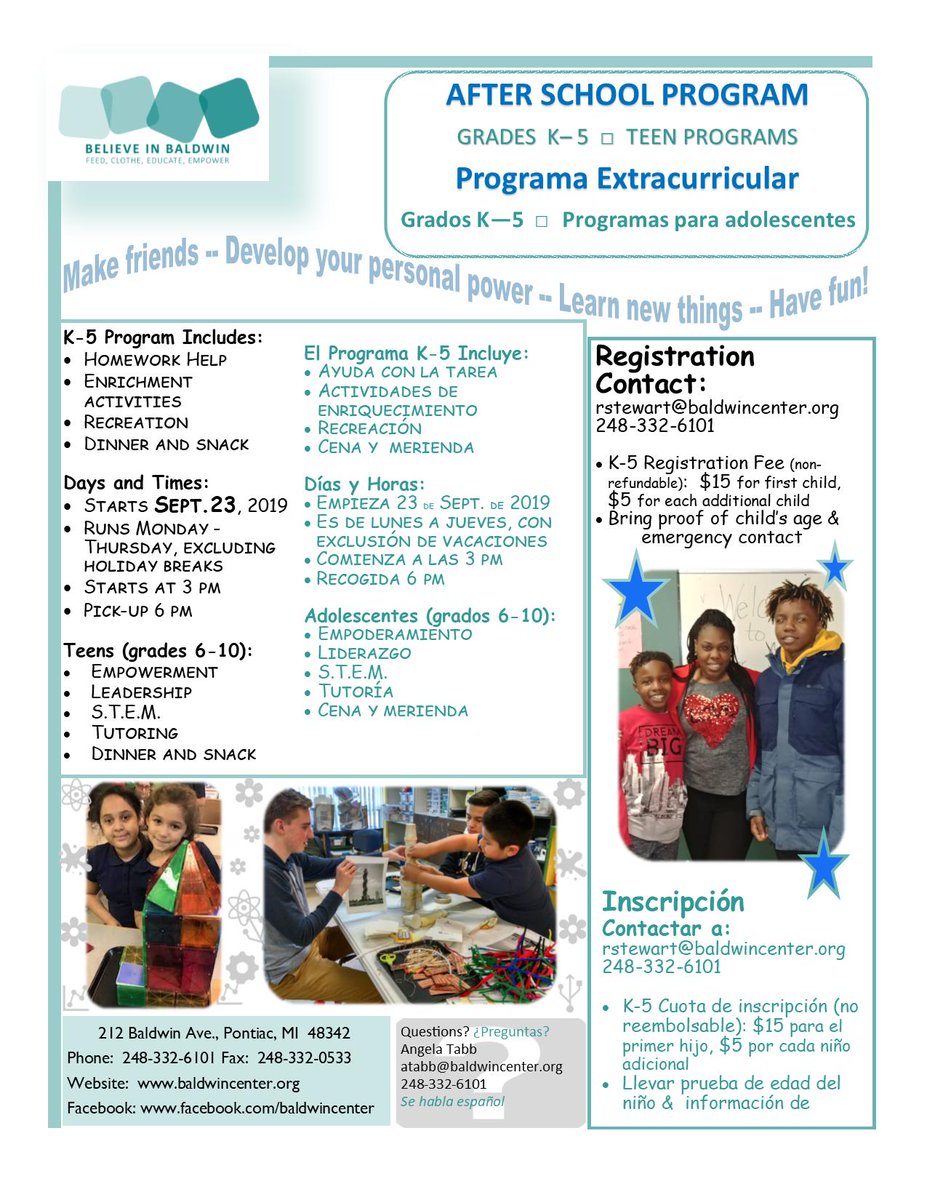 Register your K-8 student for Baldwin's After School Program at the Youth Center: Tu &amp; Th, Aug. 27 &amp; 29, 10 am - 2 pm, Wed, Aug. 28, 4 - 6 pm