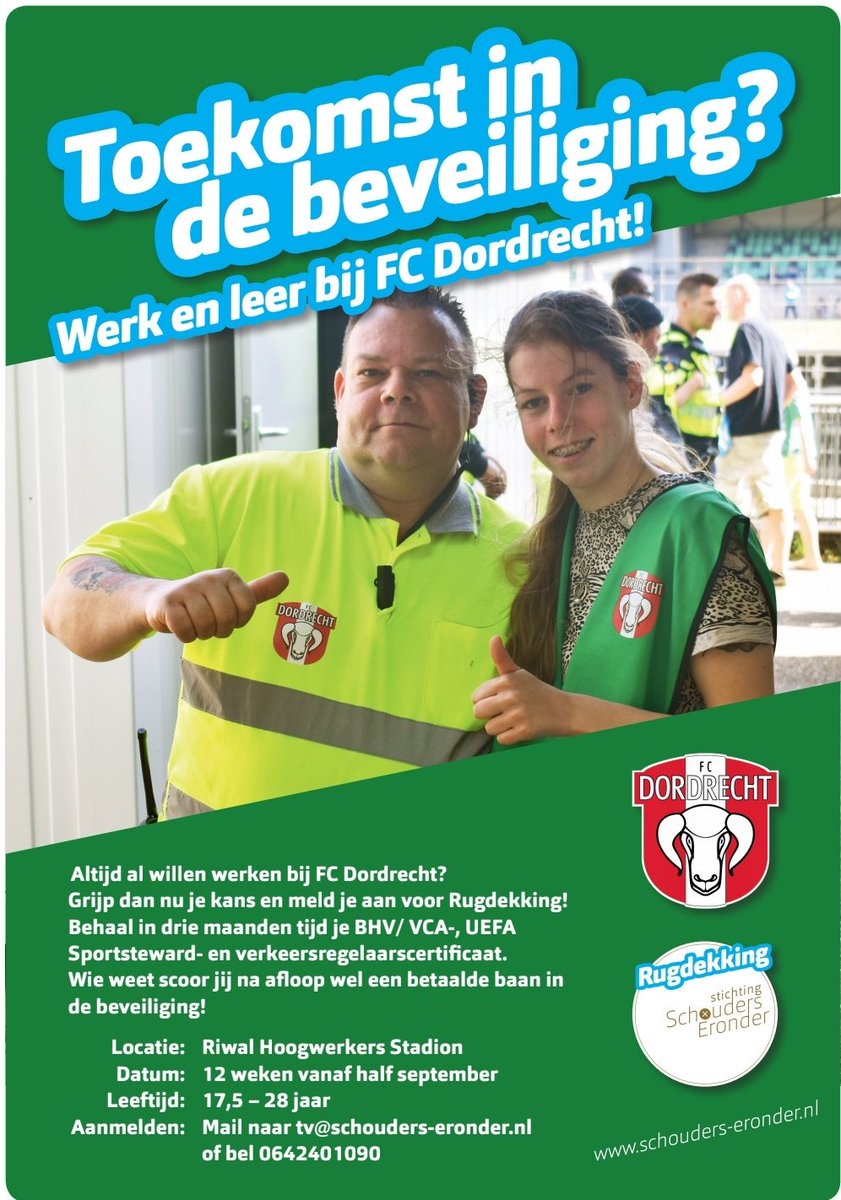 fcdordrechtnl's tweet photo. Toekomst in de beveiliging? #WerkenEnLerenBijFCDordrecht #BHV #VCA #UefaSportsstewardCertificaat #VerkeersregelaarsCertificaat De informatiebijeenkomst vindt plaats op woensdag 28 augustus om 19.00 uur in de Brasserie. Tot dan! https://t.co/H6zCgqoVoc
