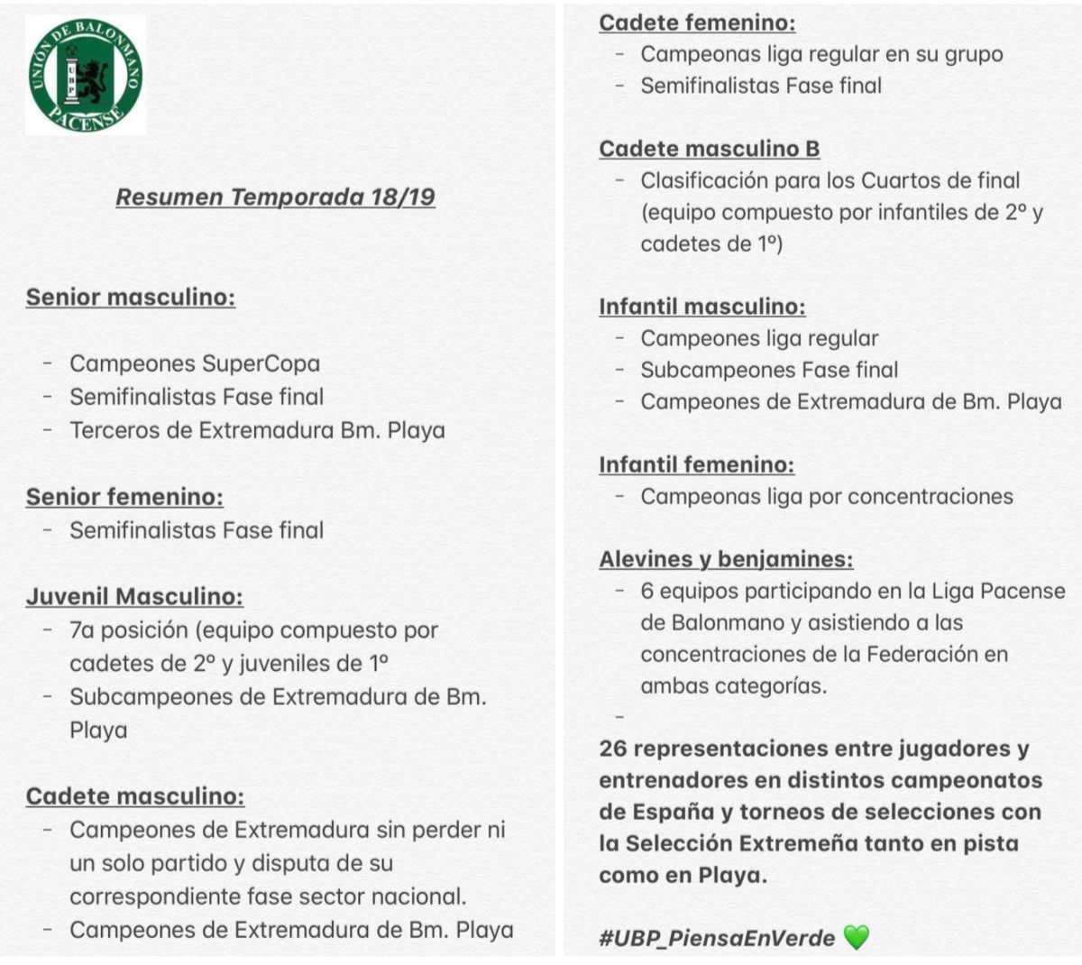 Contando los días para empezar la nueva temporada pero antes os dejamos un pequeño resumen de cómo nos fue en la temporada 18/19.
Y algun@s dirán que fue un mal año... #UBP_PiensaEnVerde 💚
