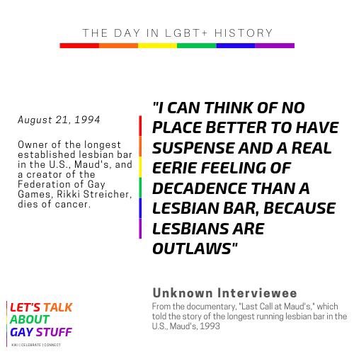 talkgaystuff's tweet photo. This day in #LGBT+ #history gay and lesbian rights activist, Rikki Streicher, died in 1994. Streicher was known for running two popular lesbian bars in San Francisco, and also helped orchestrate Gay Games in SF.
#podcast #letstalkaboutgaystuff #rikkistreicher #mauds #rip #Aug21 https://t.co/ieHQVxCol9
