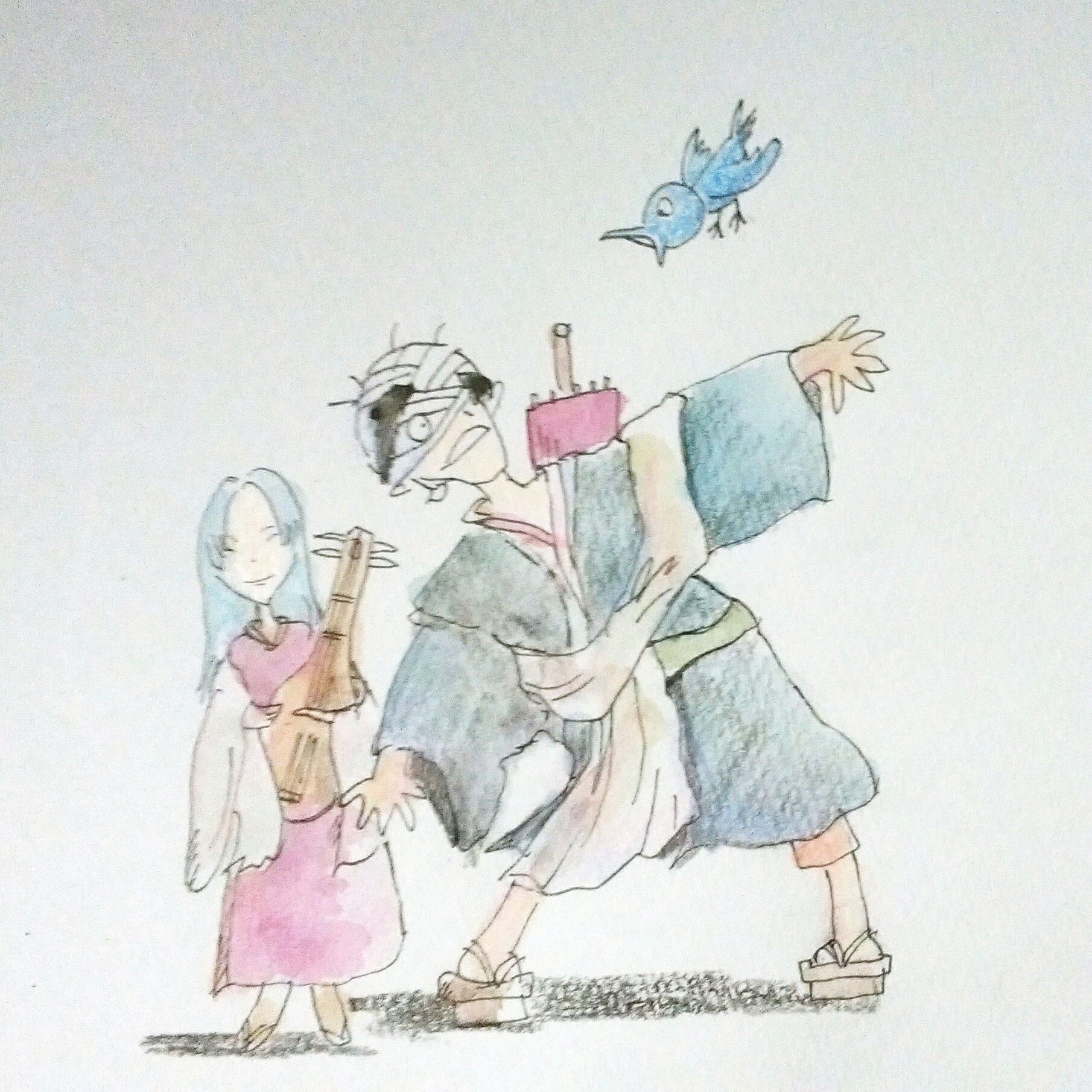 かめ丸隊長 夏目友人帳 第1シーズン第10話の アサギの琴 の アサギとアカガネ 二人の初デートにカラスがお邪魔 大慌ての アカガネさん 笑 イラスト お絵かき 落書き 妖怪 妖怪大好き 夏目友人帳