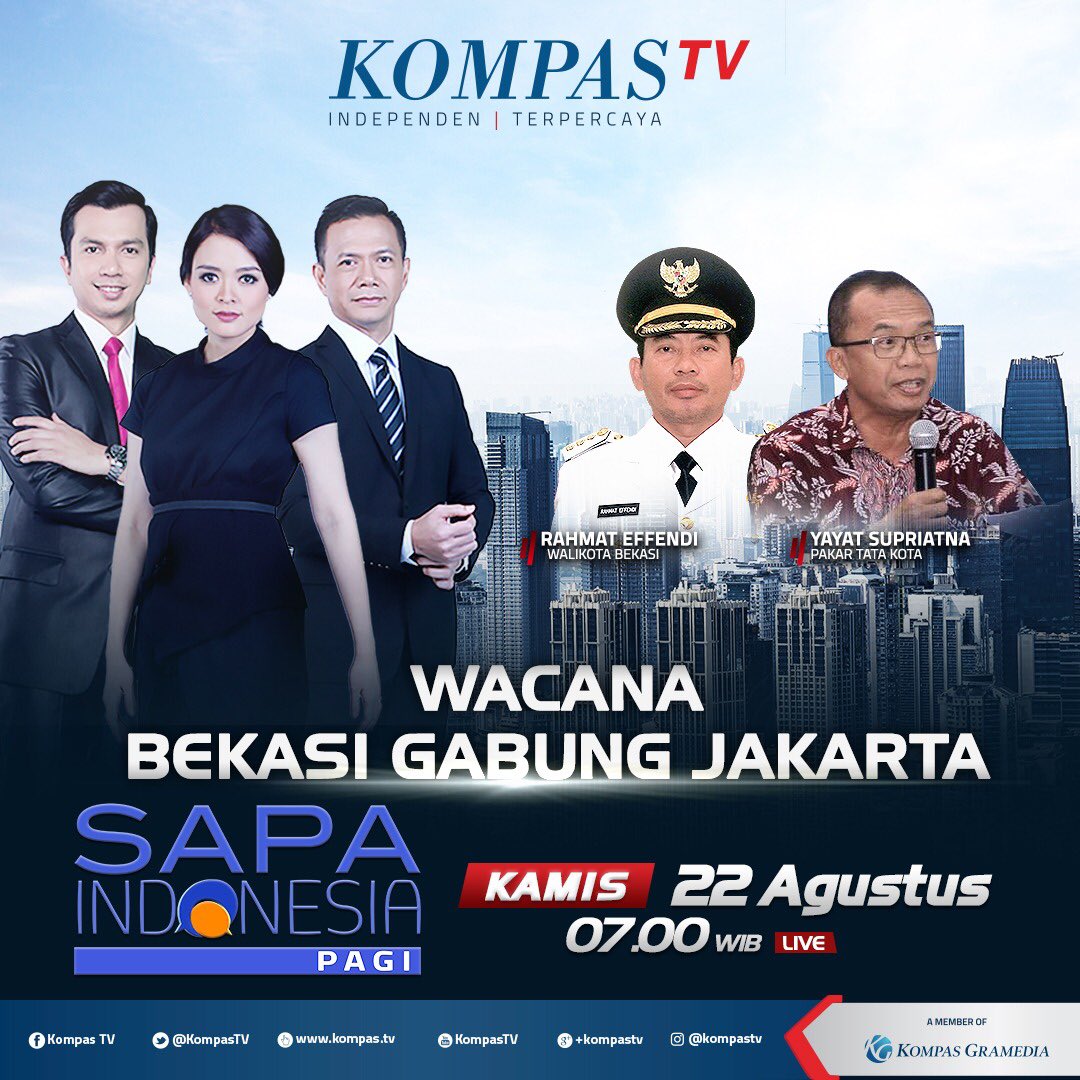 Halo teman2 warga Bekasi....mana suaranyaaa?? 😄 
Seriuskah, Bekasi mau bergabung ke Jakarta? Besok pagi jawabannya di <a href="/sapa_indonesia/">sapaindonesia</a>  hanya di layar <a href="/KompasTV/">KOMPAS TV</a> bersama <a href="/TimMarbun/">Timothy Marbun</a> &amp; <a href="/GloryOyong/">Glory Oyong</a>