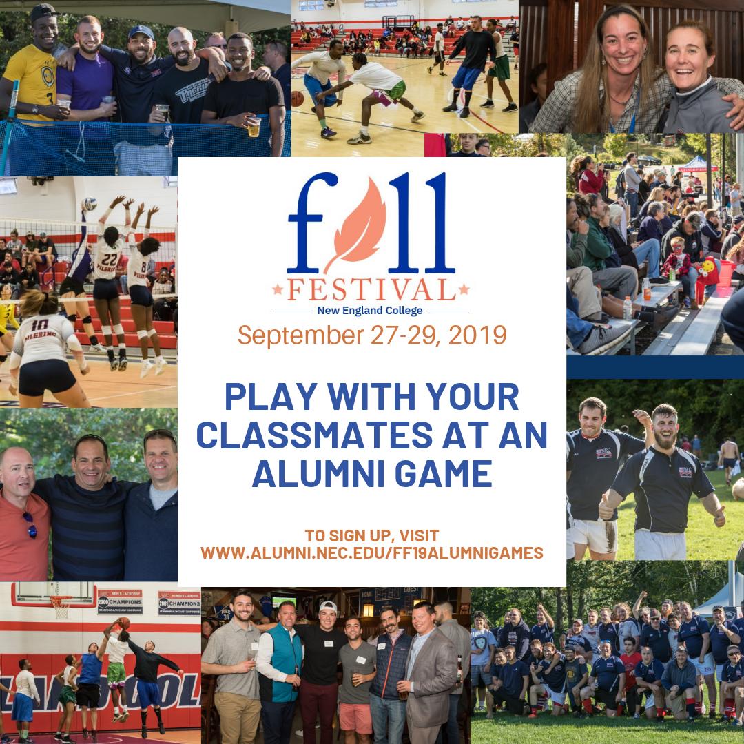 During Fall Festival on September 27-29, gear up to join your classmates for an Alumni Game. To sign up to play, visit alumni.nec.edu/FF19AlumniGames