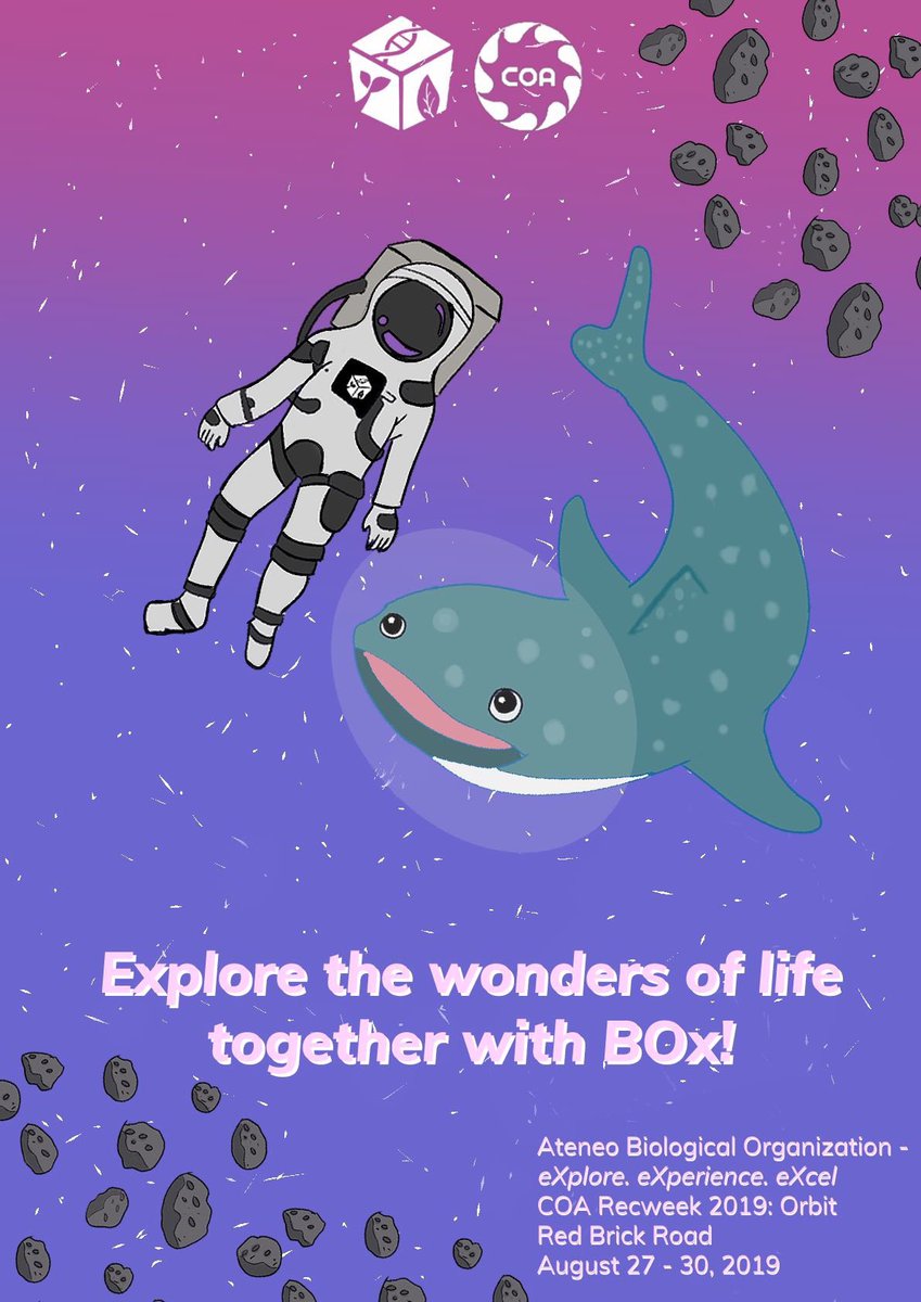 ateneobox's tweet image. In this vast universe, we aren’t alone. 

Join the Ateneo Biological Organization - eXplore. eXperience. eXcel. in this year’s COA REcWeek 2019: ORBIT on August 27-30, Red Brick Road. 

See you there! 

Poster by: Seth Faustino 
Spiel by: Kyle Guevarra

#AllForBOx