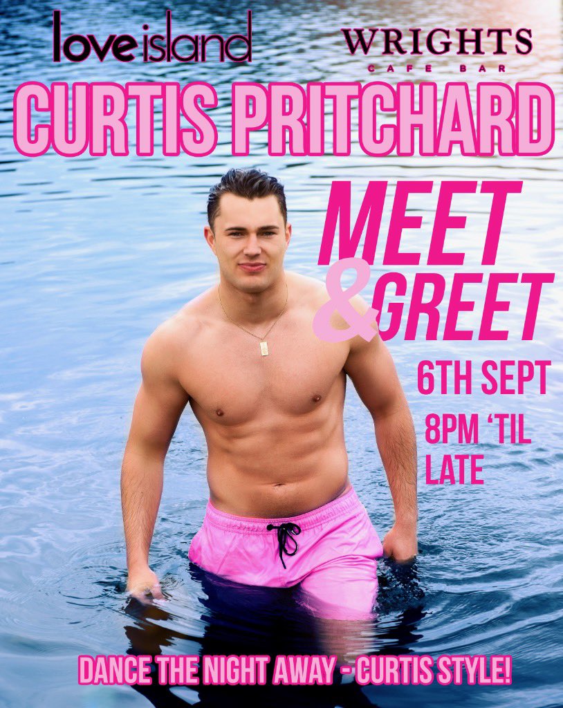 💜 Have you heard the news? Love Island’s very own Curtis Pritchard is coming to Wrights Cafe Bar for a meet &amp; greet experience! Message them today to book in - tables are going FAST, so don’t wait!