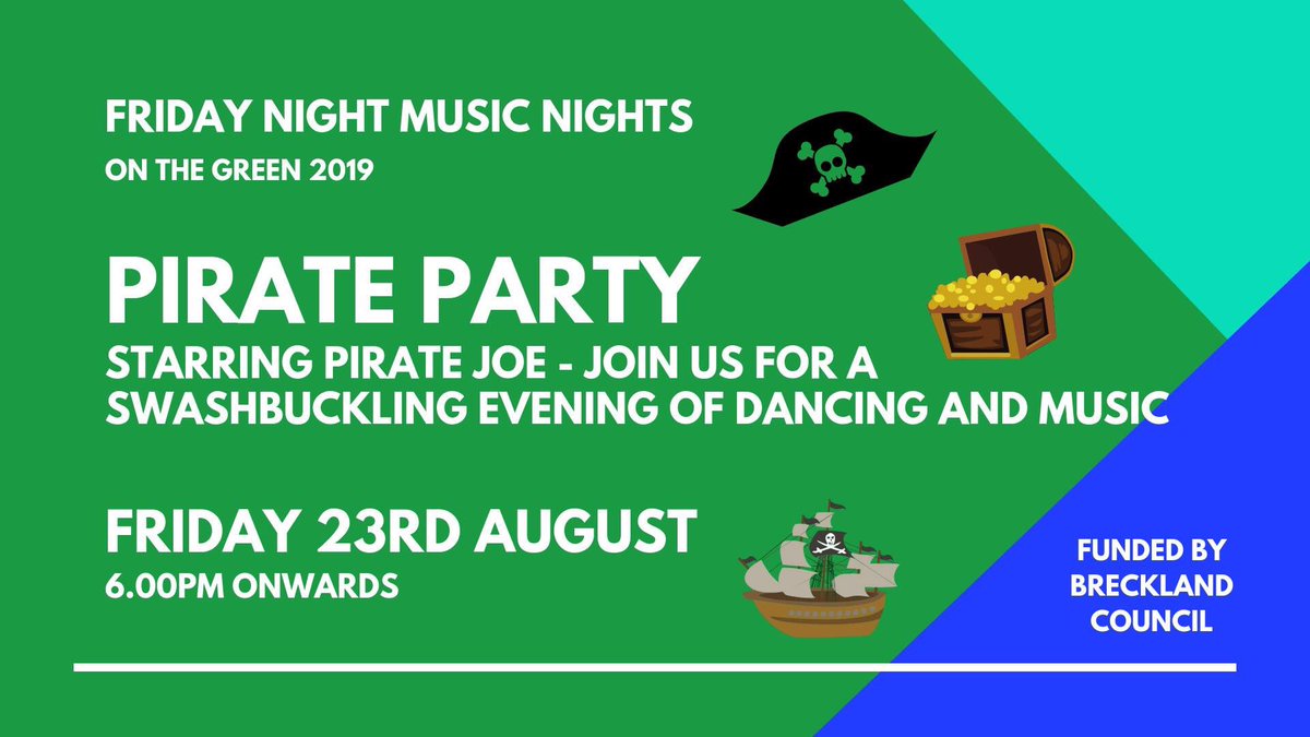 On The Green (@onthegreenthet) on Twitter photo Join us for another Friday night music night, this time kicking off the beach on the green!
With music by Pirate Joe, this event promises a swashbuckling evening of dancing and music.
There will be prizes for the best dressed pirates on the night!
Funded by <a href="/BreckCouncil/">Breckland Council</a> Join us for another Friday night music night, this time kicking off the beach on the green!
With music by Pirate Joe, this event promises a swashbuckling evening of dancing and music.
There will be prizes for the best dressed pirates on the night!
Funded by <a href="/BreckCouncil/">Breckland Council</a>