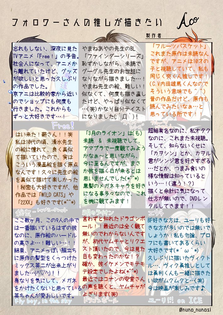 #フォロワーさんの推しが描きたい 
第一弾仕上がりました!リクエストくださった方々ありがとうございました☺️💕
初描きのキャラが殆どでしたが、楽しかったです✨
そして、2枚目は個人的感想です(スルー推奨w) 